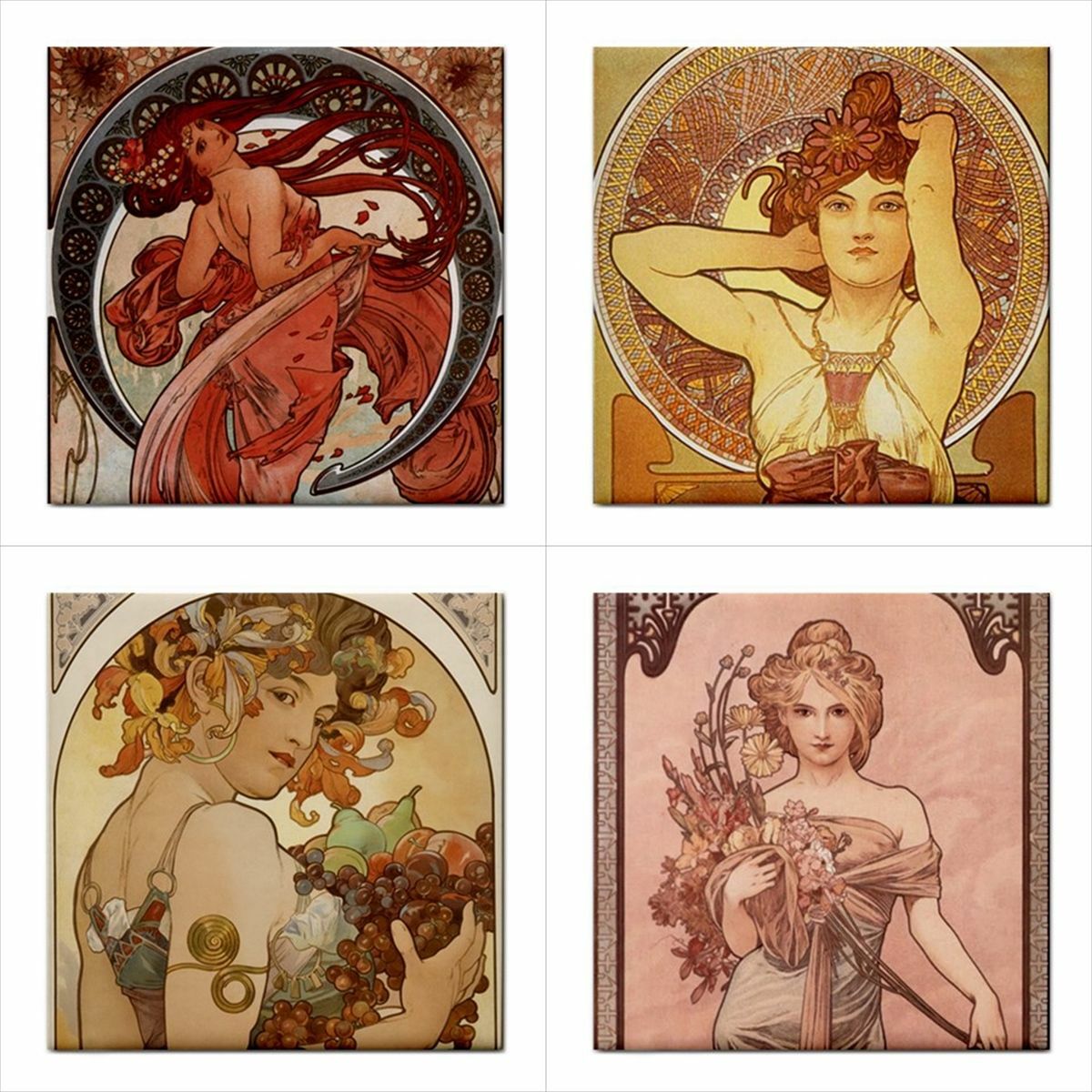 Art Deco Women Alphonse Mucha Art Set Of 4 Decorative