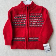 OshKosh B gosh Baby 12-18M Red Fair Isle Zip Cardigan Sweater NWT