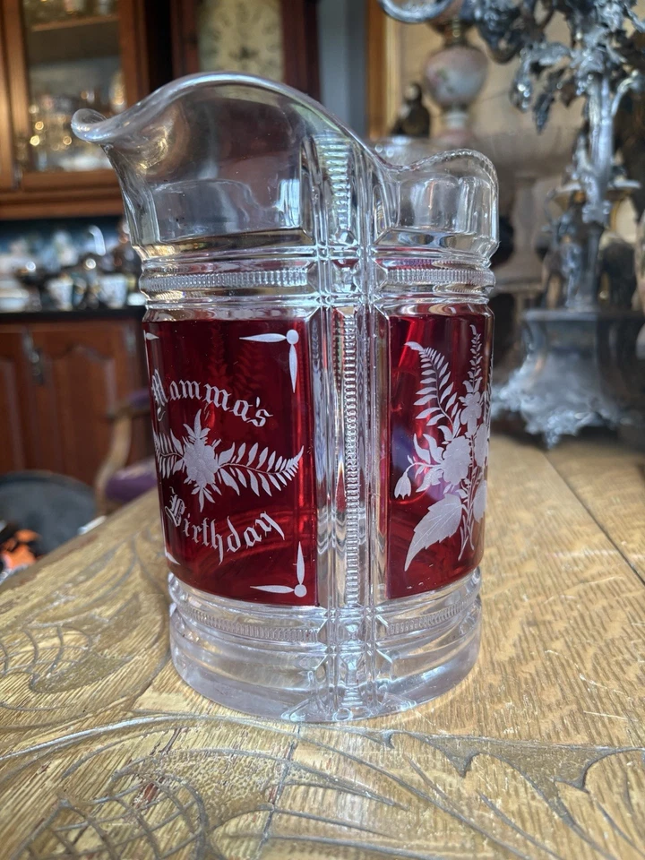 Victorian Antique EAPG Ruby stained Glass Water Pitcher Mamma's Birthday Gift US - Image 2 of 4
