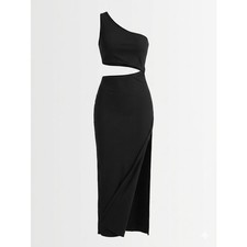 LULUS "Notice Me" Black Ribbed One Shoulder Cutout Midi Revenge Dress Sz Sm Slit