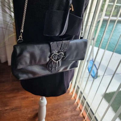 Brighton Black Genuine Leather Crossbody Bag Caiman Trim Heart Chain Strap