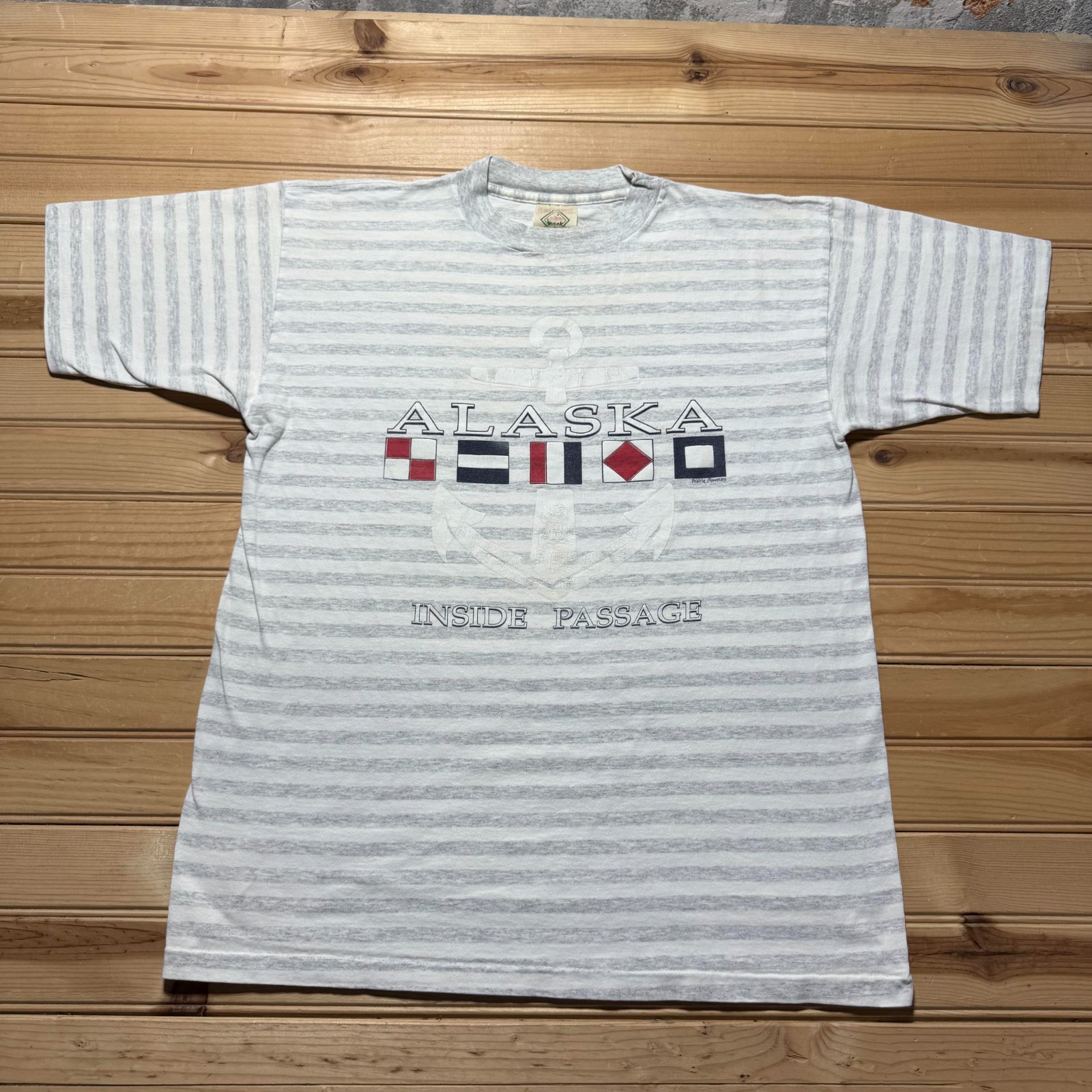 Vintage 90s Alaska Inside Passage Nautical Flags Anchor Striped T-Shirt - Large