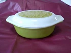 Vtg PYREX #043 Green & White Wicker Basket Weave 1.5 Qt Casserole Dish & Lid