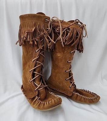 Wakonsun Native Womens Sz 9m Fringe Boots With Rubber Soles Suede Good Condition