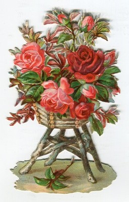 Glanzbild Oblaten scraps Blumenkorb Rosen  13,5 cm