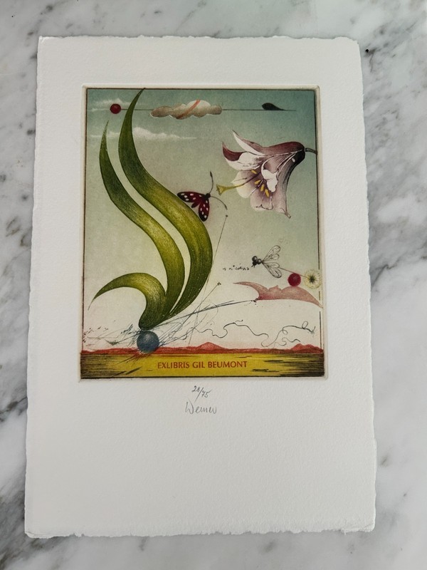Josef WERNER -- EX LIBRIS -- "Flower and Butterflies"