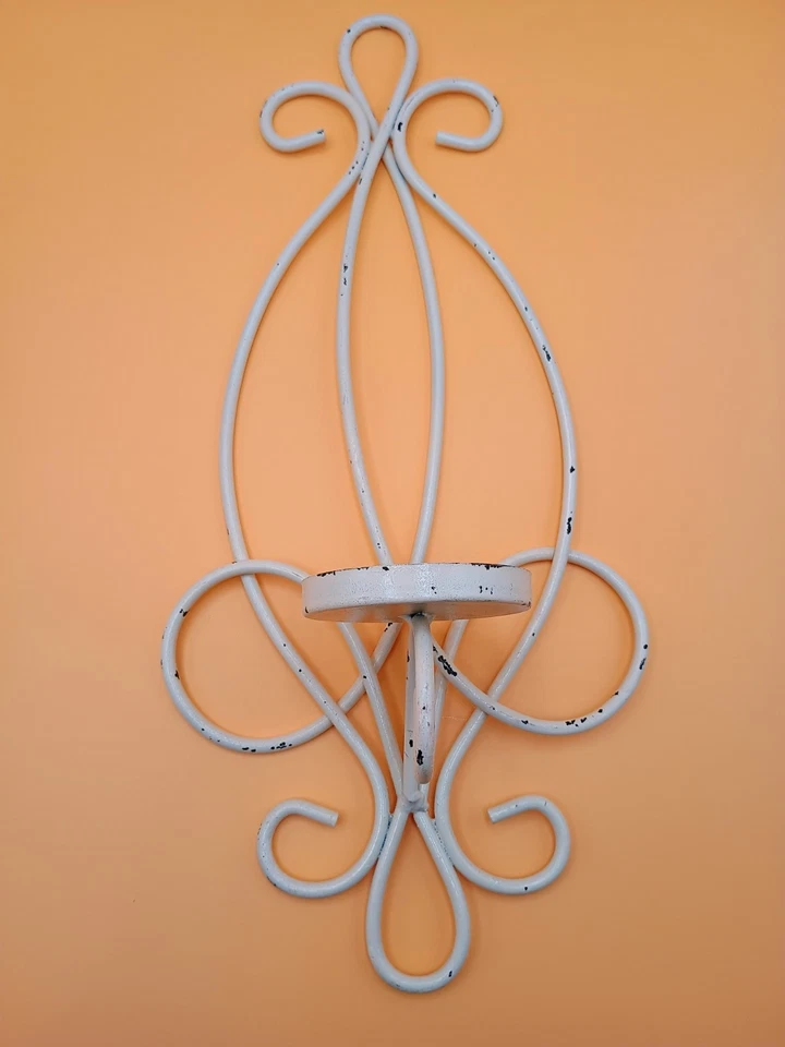 Vtg Pair Wrought Iron Hanging Candle Sconce Holder White  - Image 2 of 4