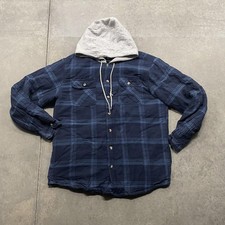 Wrangler Authentics Jacket Mens Large Blue Plaid Hooded Flannel Quilted Shacket