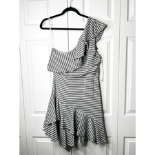 Halston Heritage Grey Striped One Shoulder Ruffle Mini Dress Women's Size 10