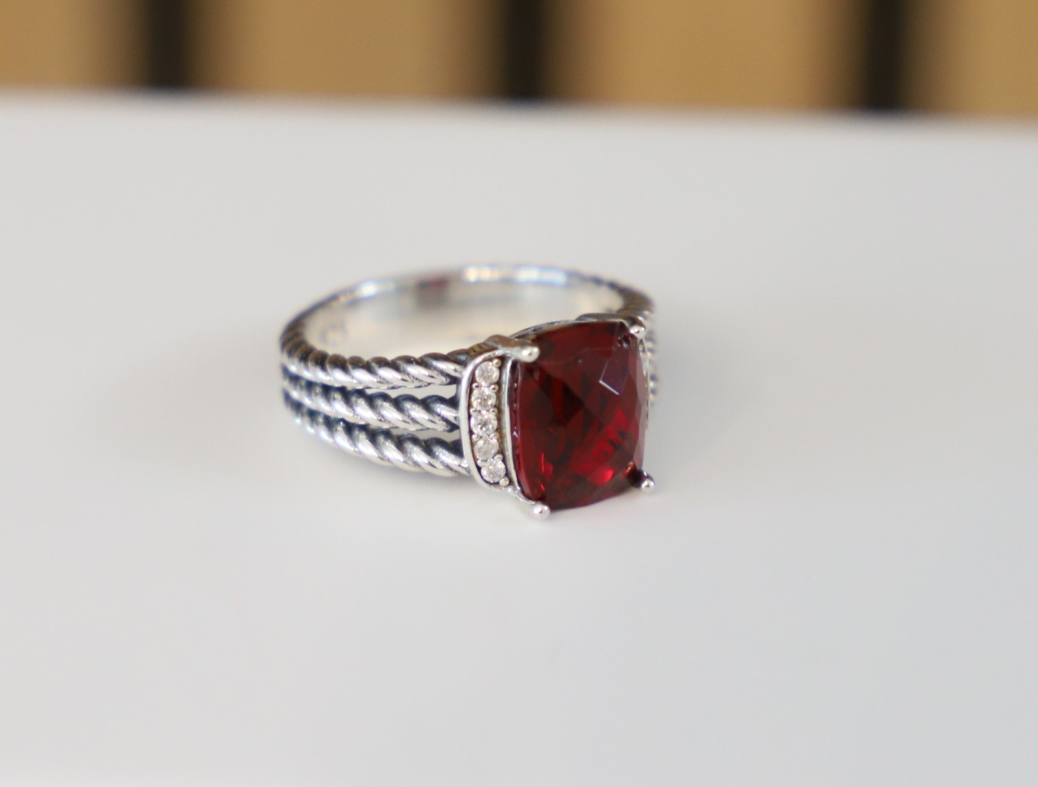 David Yurman Sterling Silver Petite Wheaton Ring Garnet with Diamonds size 7