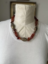 Vintage Carnelian Agate Necklace Brass Beads 21 Long Beaded Boho Hippie Retro