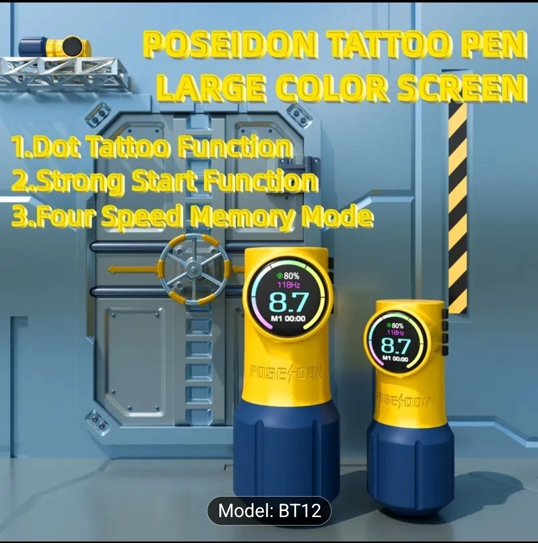 POSEIDON Tattoo Machine Kit Pen Gun Wireless Rotary Motor Color Inks Needle LCD image 3