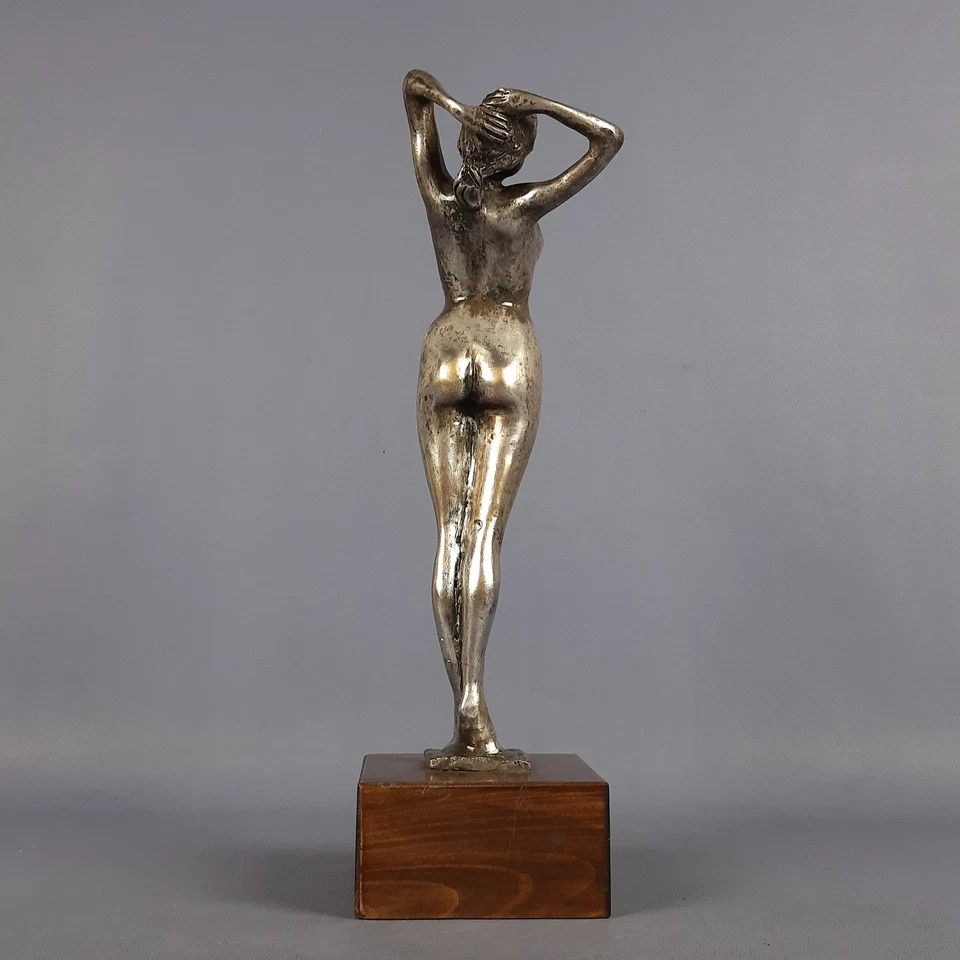 Statua Donna Bronzo Argentato Base Legno Design Classico Italia Vintage Anni ‘60 - Immagine 4 di 4