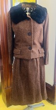 Vintage 50s Tweed Skirt Suit Faux Fur Collar