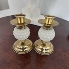 White Milk Glass Hobnail Brass Candle Candlestick Holders Vintage Pair