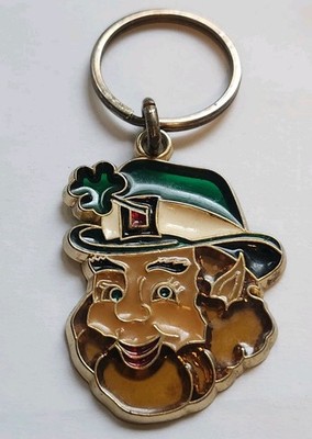 Vintage Leprechaun Irish Four Leaf Clover Stain Glass Style Keychain Key Ring