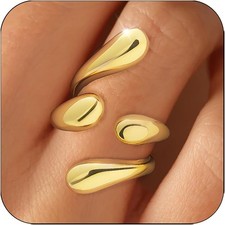 Non Tarnish Gold Chunky Rings for Women, 14K Gold Plated Elongated Open Statemen