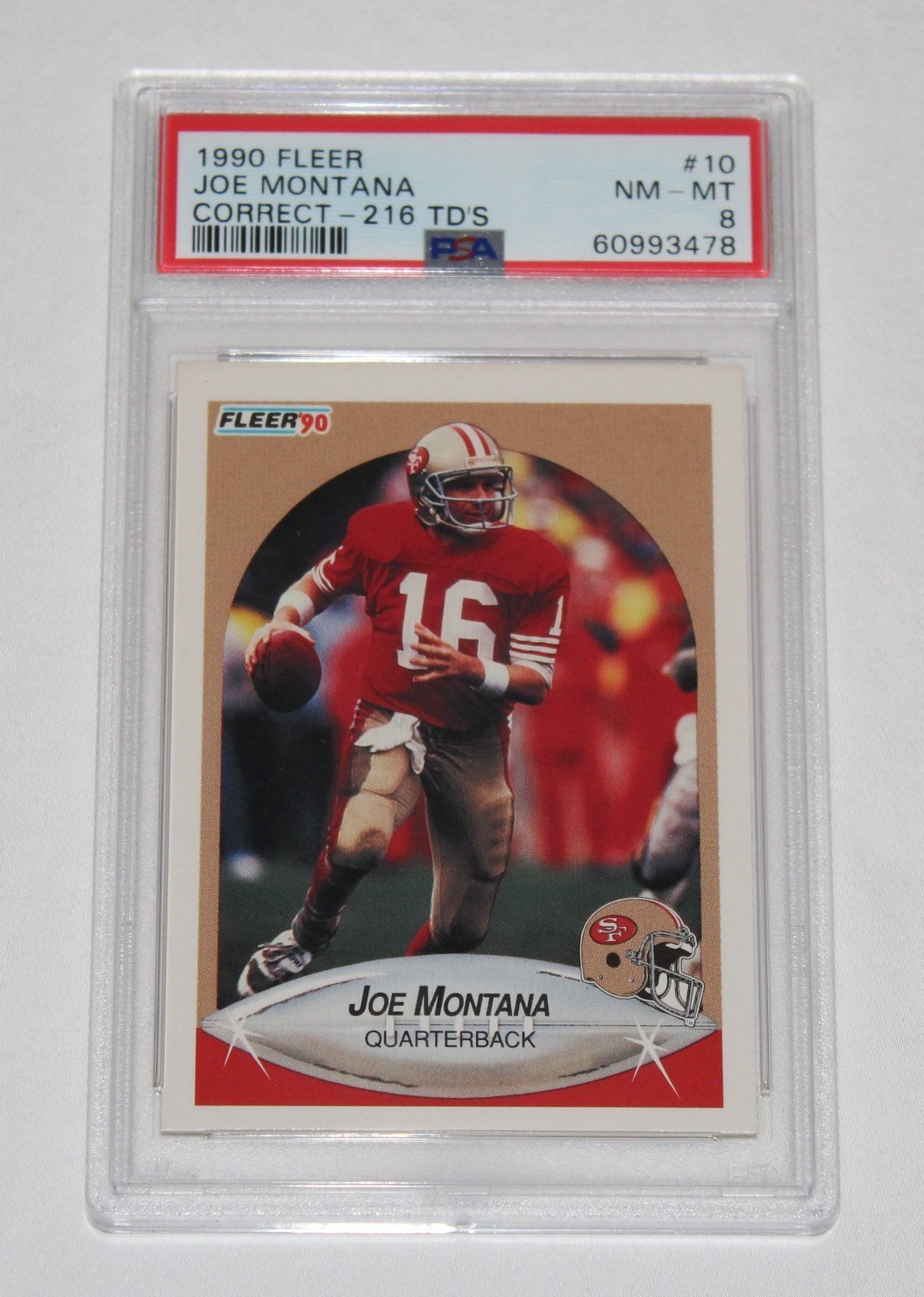 1990 Fleer Football Card #10 Joe Montana CORRECT 216 TD's Graded PSA 8 NM-MT