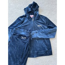 Juicy Couture Velour Tracksuit Y2K Hoodie Pants Blue Rhinestone Logo Women XL