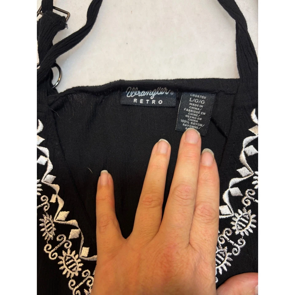 Maxi Vestido Wrangler Retro Negro Bordado Correas de Espagueti Cuello en V Talla L G Foto 3 de 4