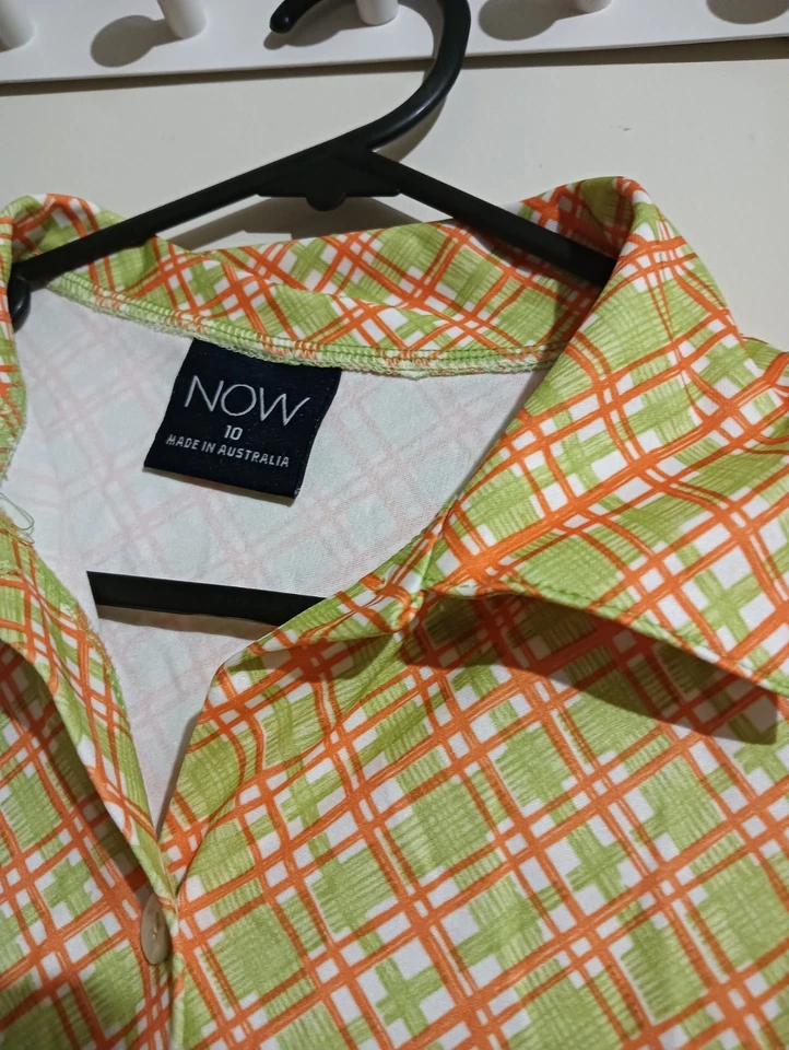 Vintage Y2K NOW Green Orange Plaid Button Up Blouse Shirt Size 10 