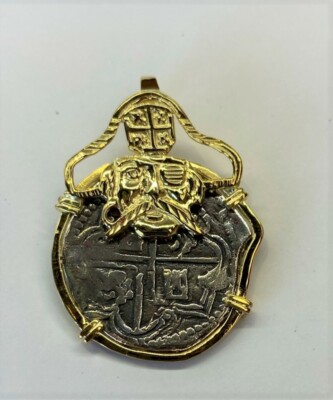 Atocha Sunken Treasure Coin Pendant - 925 Sterling Silver With Gold Plated Bamboo Design, Vintage Jewelry