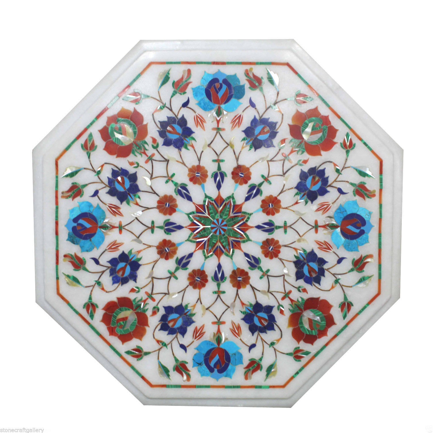 Handcrafted 12-inch White Marble Side Table with Floral Semi-Precious Stone Inlay