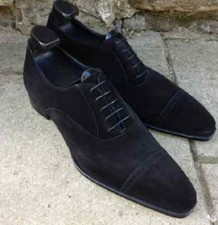 Latest Handmade Genuine Suede Leather Black Cap Toe Dress Office Shoes For Men.