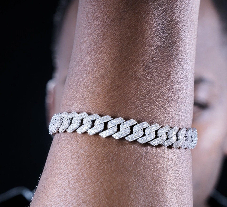 Brazalete de eslabones cubanos de plata 925 con diamantes creados en laboratorio de 6 quilates para hombre de 2 filas de 10 mm x 7 pulgadas Foto 2 de 4