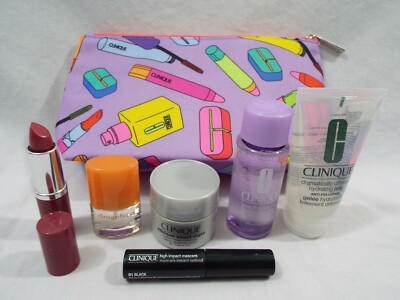 Clinique 7 Piece Set Mascara Remover Happy Love Pop Lip Smart Night Bag Jelly