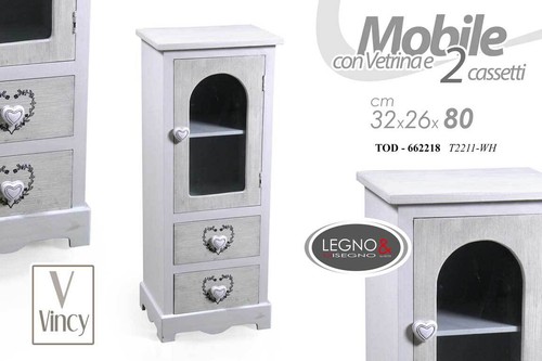 MOBILE VETRINA VETRINETTA ANTA 2 CASSETTI LEGNO SHABBY CHIC CUORE 80*32*26 cm - Foto 3 di 6