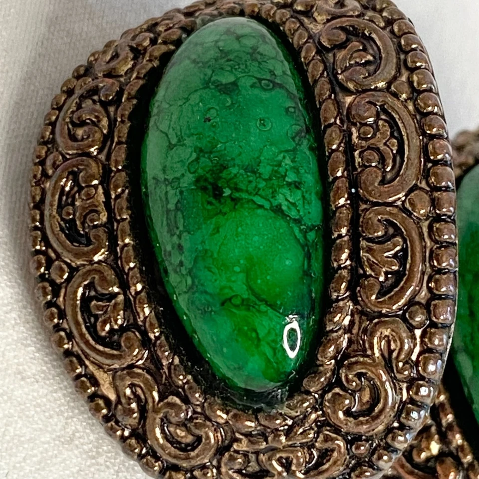 Pendientes Gruesos Bronce Orante Marco de Metal Ovalado Piedra Mármol Verde Ligeros Foto 3 de 4