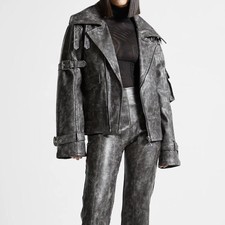 Maniere De Voir Washed Grey Vegan Leather Jacket 8/s Rrp £190