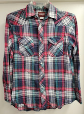 Wrangler Western Pearl Snap Shirt Sz Medium Long Sleeve Red Green 3 Snap Cuffs