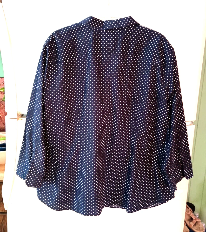 BLUSA RALPH LAUREN SIN HIERRO AZUL MARINO BLANCO LUNARES 100% ALGODÓN TALLA GRANDE 3X Foto 3 de 4