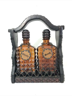 Vintage Decanter Set-Whiskey Scotch Amber Diamond Glass W/ Wood Stand-man Cave.