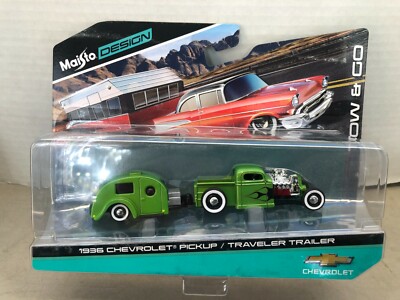 1/64 MAISTO TOW & GO RAT ROD 1936 CHEVROLET PICKUP & TRAVELER TRAILER GREEN