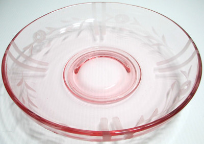 Vintage Pink Depression Glass Console or Centerpiece Bowl Cut Floral Lines