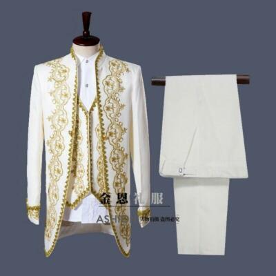 3PC White Gold Embroidery Men Suits 