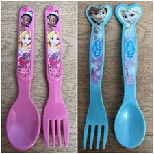 2 VTG Disney Reusable Spoon Fork Sets Anna Elsa Tiana Rapunzel Princesses