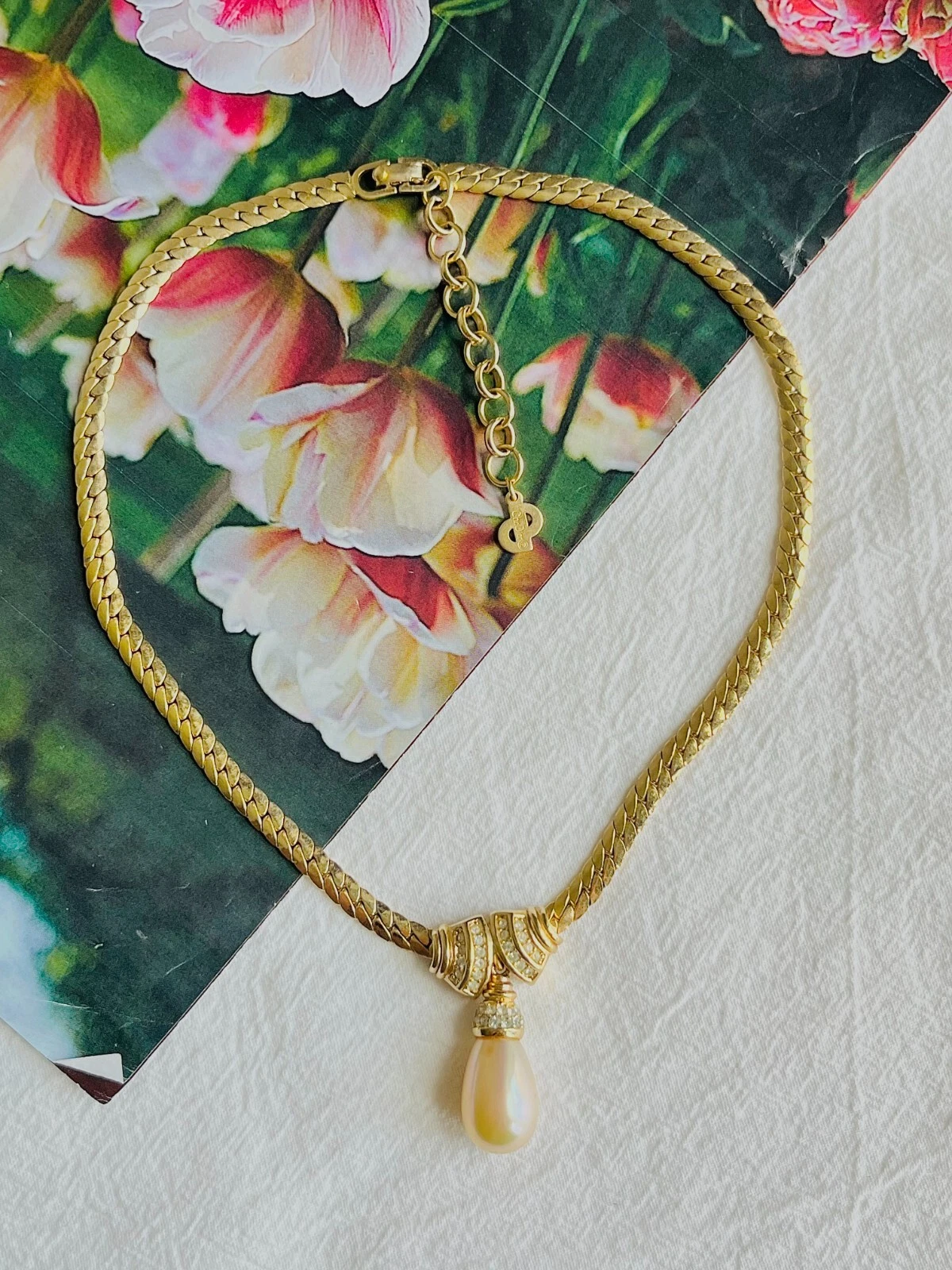 Collana Christian Dior Vintage 1980 Cristallo Doppio Ventaglio Perla Goccia Acqua Pendente