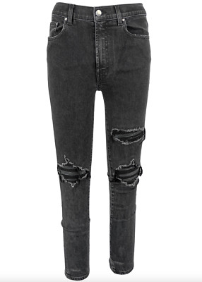 NWT Amiri MX1 Faded Black Distressed Denim Leather Moto Skinny