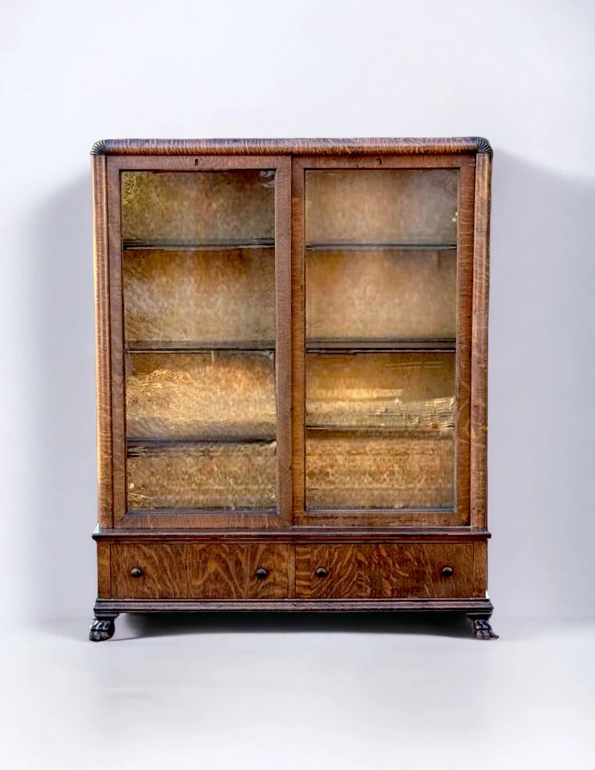 Antique oak bookcase with glass doors online