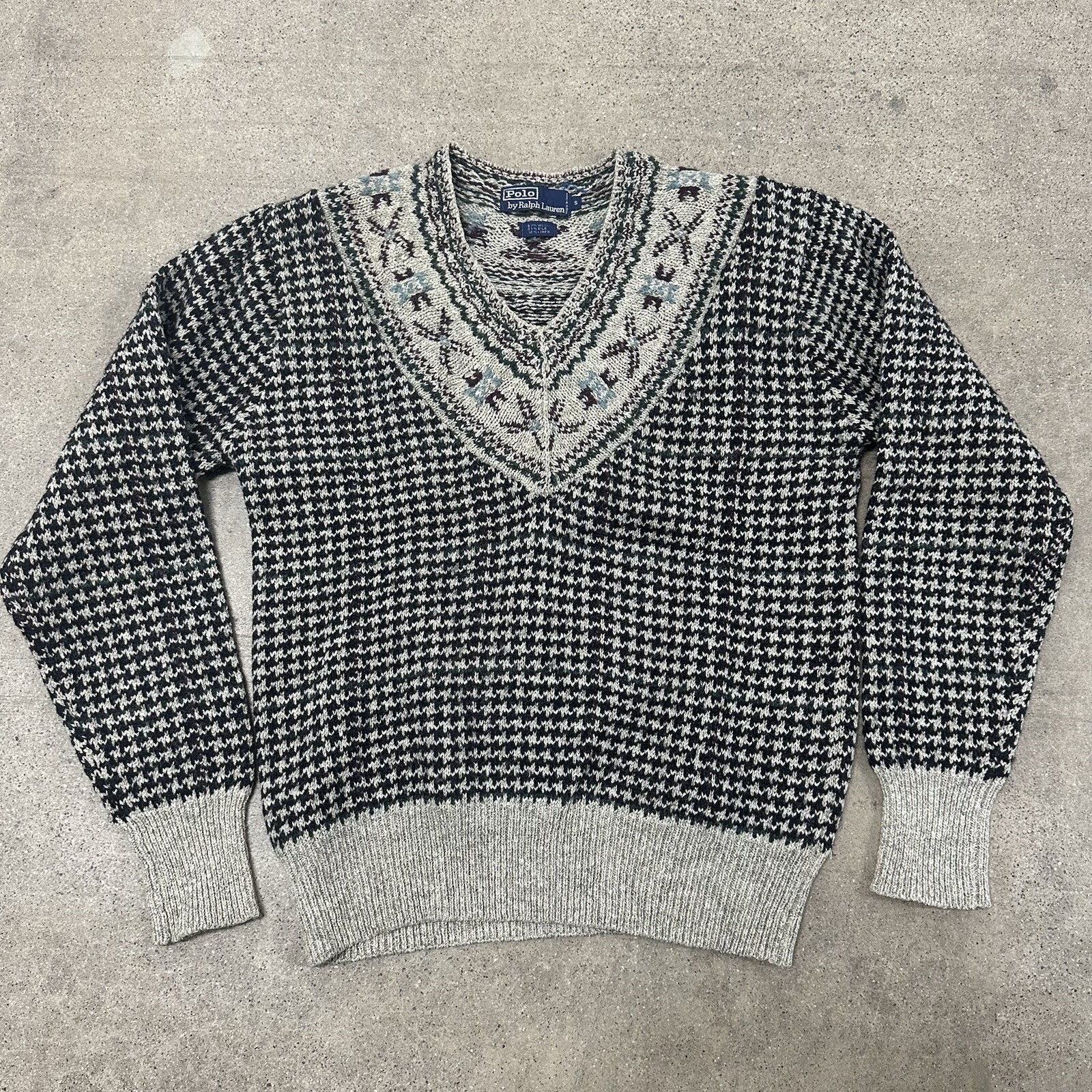 Vintage Polo Ralph Lauren 1987 Houndstooth Sweater V Neck Wool Silk Size Small