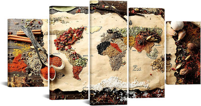 Large 5 Panel World Map Art - Spices on Wood, Ready to Hang 60''x32