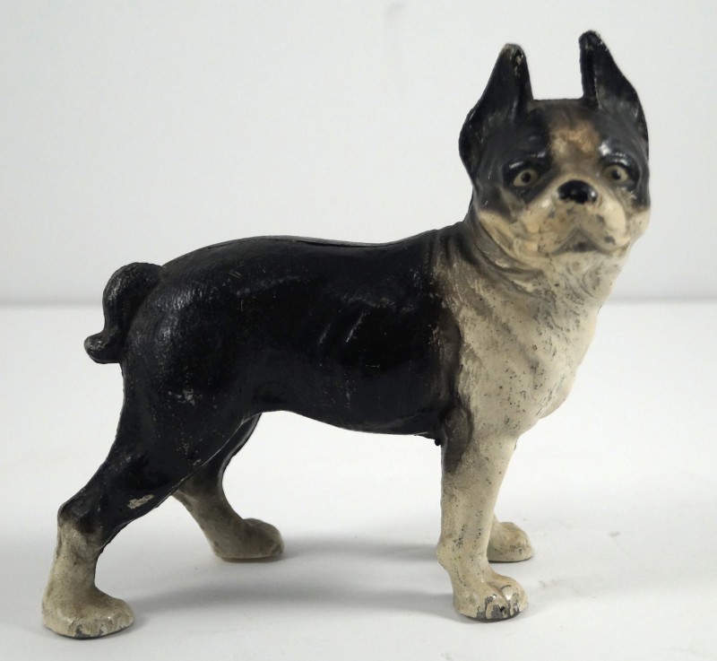 ANTIQUE BOSTON TERRIER DOG CAST METAL PENNY STILL BANK VINDEX TOYS
