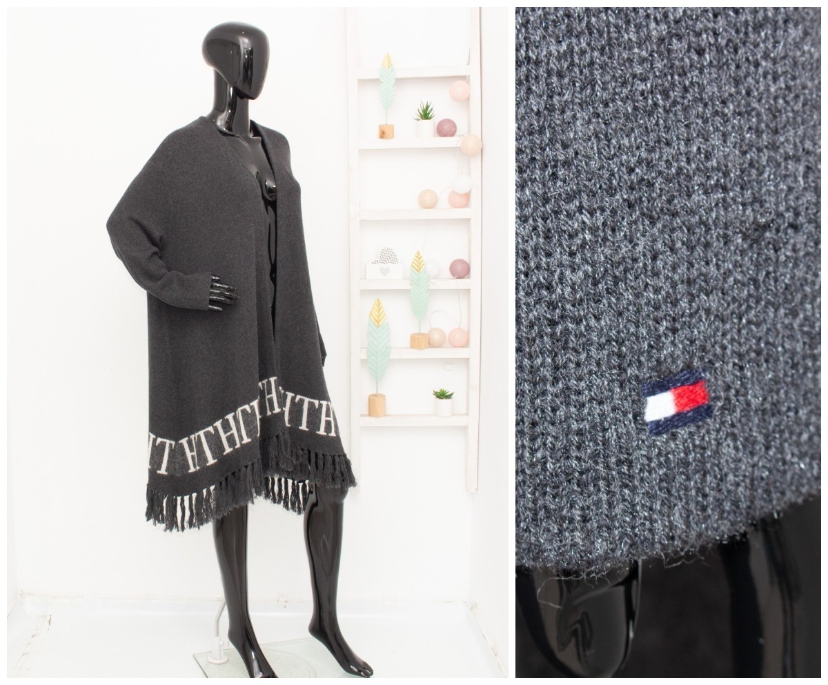 Tommy Hilfiger Cárdigan Abierto Gris Flecos Poncho Capa Algodón/Alpaca/Lana...