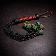 Genuine Cowhide Leather Flogger 9 Braided Falls Red Roses Whip Heavy Duty