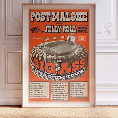 Post Malone & Jelly Roll Big Ass Stadium Tour 2025 Concert Music Poster Print Ar