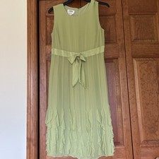 Talbot's 100% Pure Silk Dress Green Sleeveless Waist Bow Flounced Womens 6 New
